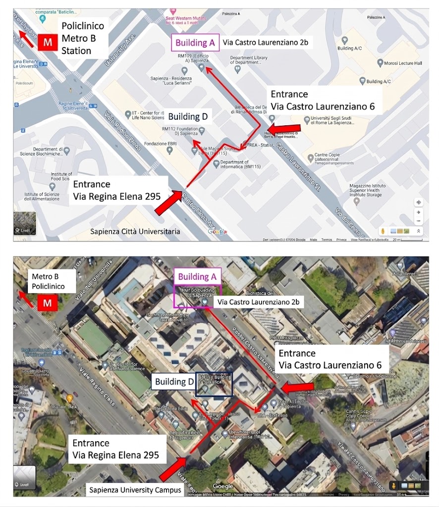 Picture explains how to reach the Building D and the building A from the Policlinico Metro Station